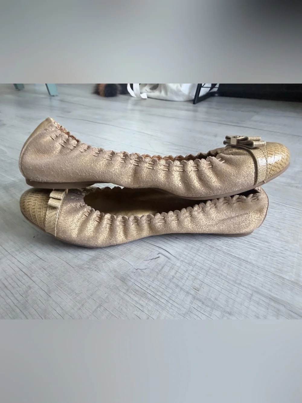 Tory Burch Metallic Gold Elastic Ballet Flats with Logo Bow 8